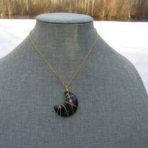Black Moon Bohemian Stone Wire Wrapped Celestial Crystal Rock Necklace Star